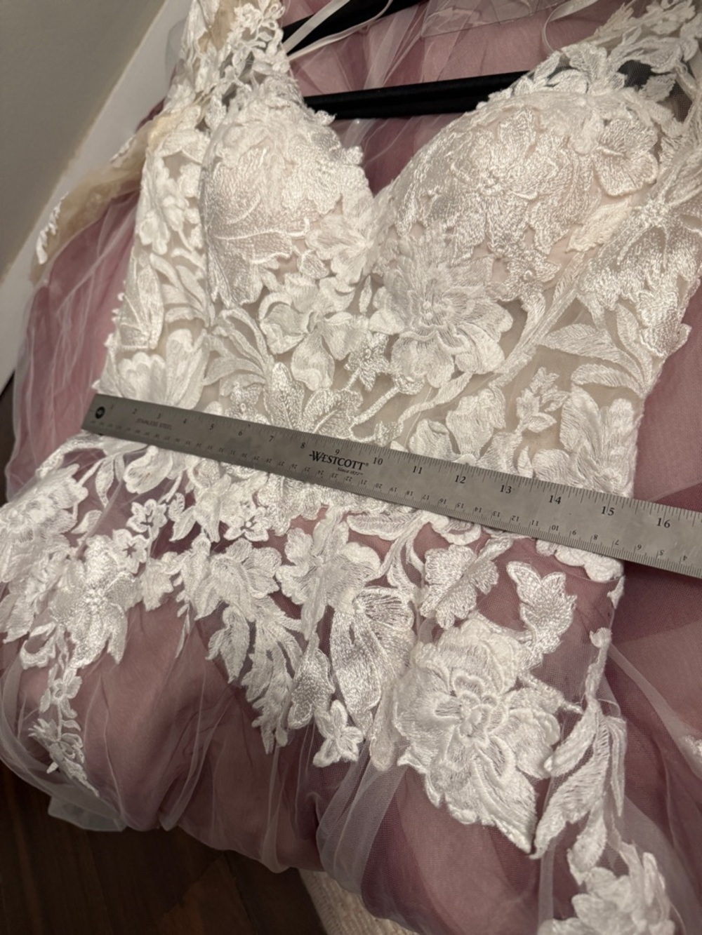 Justin Alexander Lace Pattern Long Dress With Pink/Bugundy Underlay & Ivory(TRR) - Picture 9 of 15